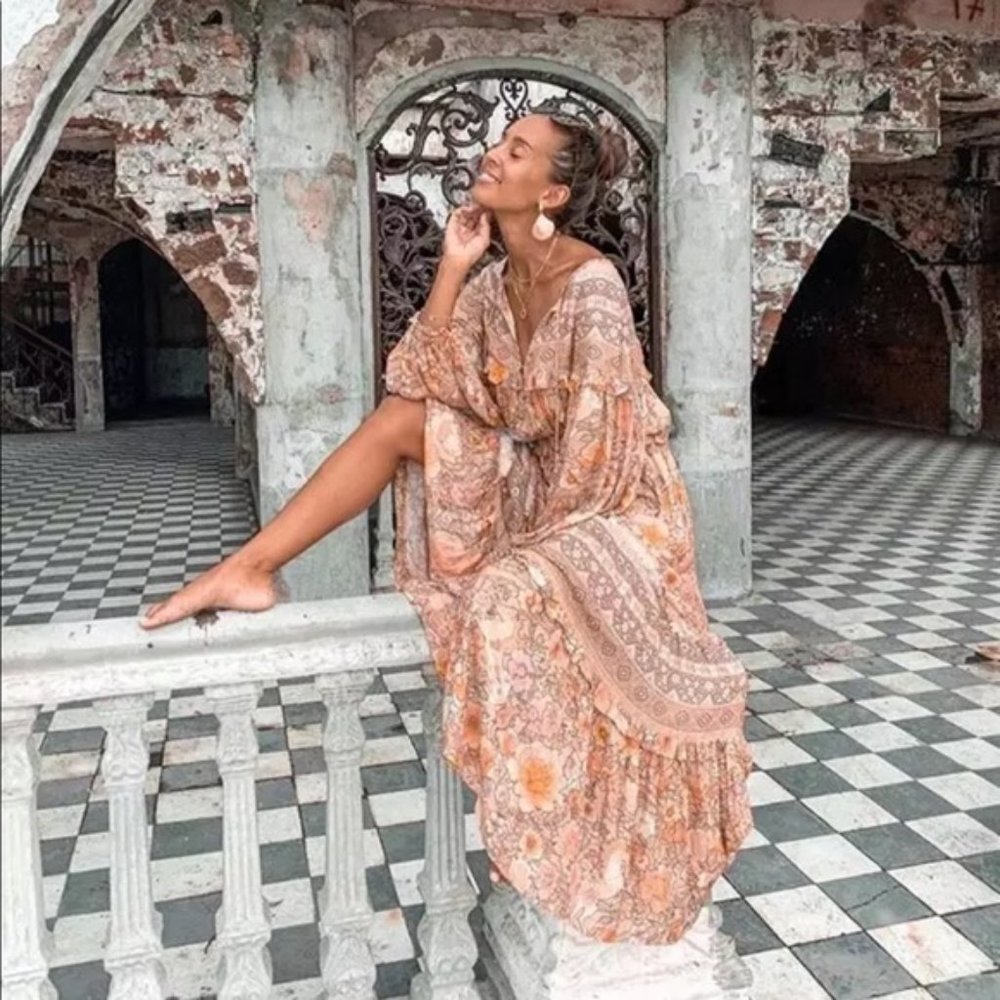 Long Sleeve Boho Floral Gypsy Print Maxi Dress - Picture 4 of 15